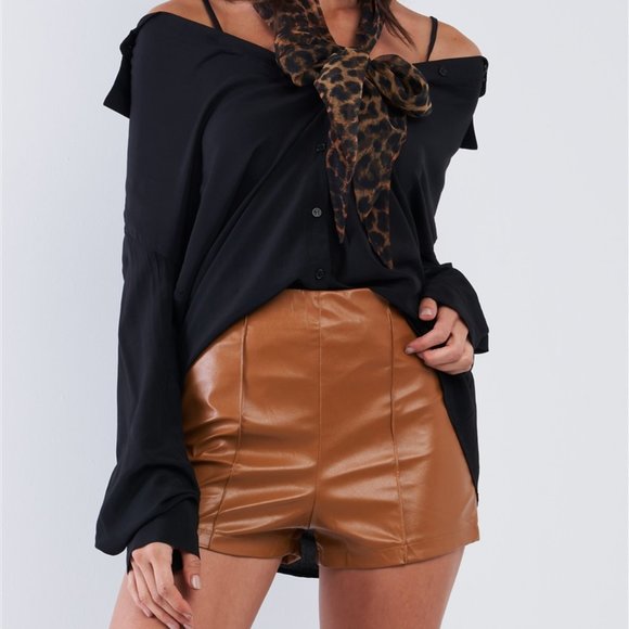 Sublime Vegan Leather High Waist Camel Mini Shorts - Picture 7 of 8